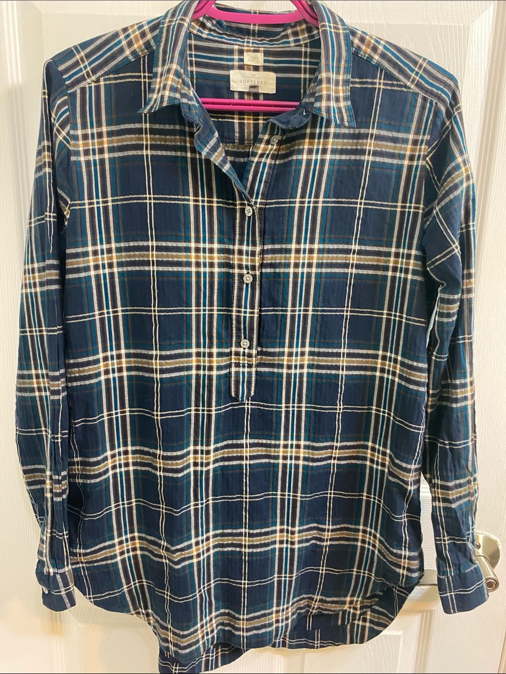 Loft The Softened Shirt Plaid Popover Blue Long Sleeve Metallic Women’s Medium